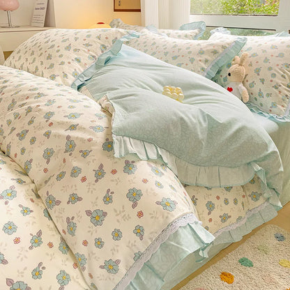 Decobites Floral Ruffles Bedding Set with Duvet Cover, Sheets, and Pillowcases