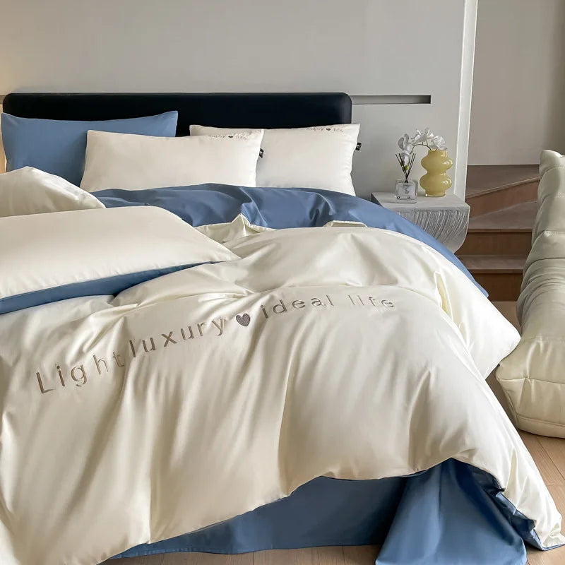 DecorBites™ 120S Long Staple Cotton Satin Embroidery Bedding Set - Solid Color Twin Full Double Comforter