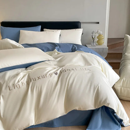 DecorBites™ 120S Long Staple Cotton Satin Embroidery Bedding Set - Solid Color Twin Full Double Comforter