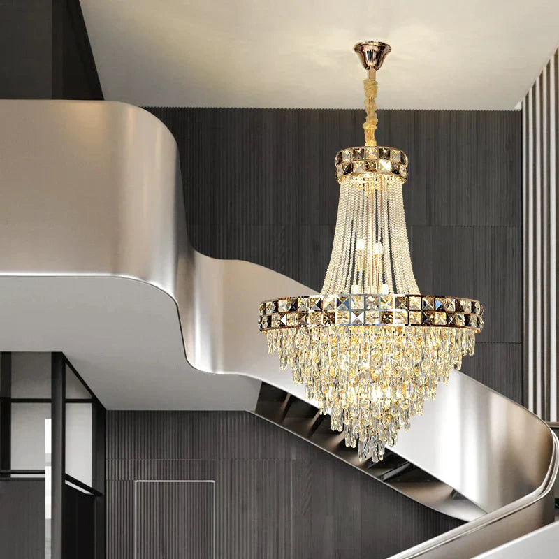 DecorBites™ Crystal Chandelier: Smart Dimming Duplex Villa Pendant for Luxe Living Rooms