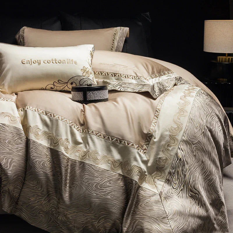 Decobites Luxury Jacquard Cotton Embroidery Bedding Set: 1 Duvet, 1 Sheet, 2 Pillowcases