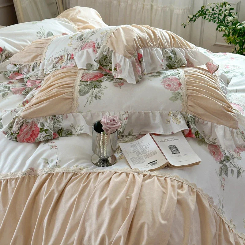 Decobites Korean Princess Style Floral Cotton Bedding Set with Ruffles