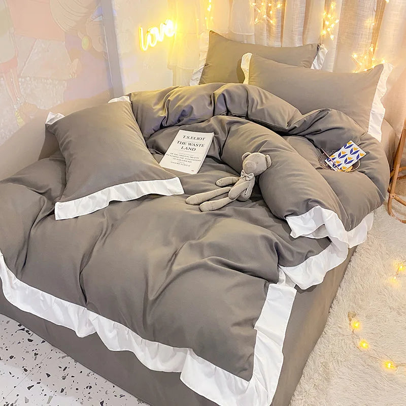 DecorBites™ Cotton Ruffle Edge Duvet Cover Set - Soft, Thick, Solid Color