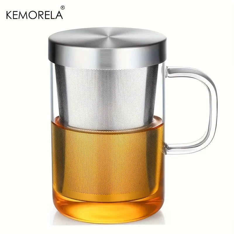 DecorBites™ 477ML Glass Tea Infuser Mug | Borosilicate Glass with Stainless Steel Infuser