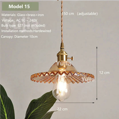 Vintage Amber Glass Pendant Light With Brass Detail