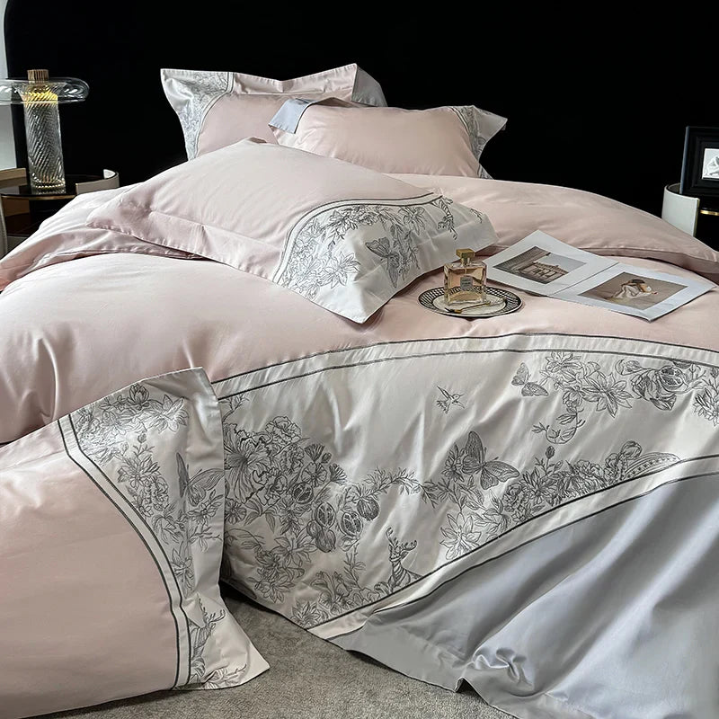 Juego de Ropa de Cama Decorbites™ Luxe con Bordado de Flores de Mariposa, Incluye Cubrecama, Sábana y Fundas de Almohada, 4 Piezas
