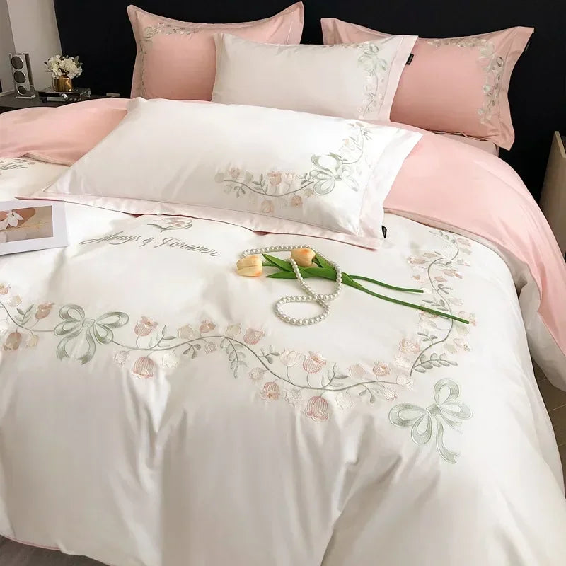 Decobites Flower Embroidery Cotton Duvet Cover Set, Queen/King Size Bedding Set with Sheets