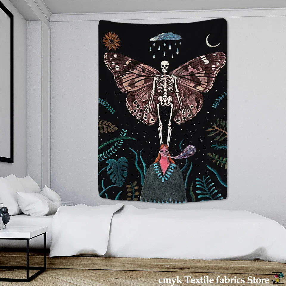 Decobites Celestial Moth Tapestry: Moon Phase Flower Mandala Wall Decor