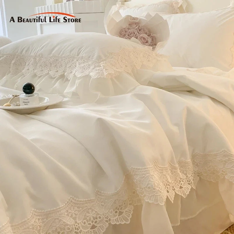 Decobites French Wedding Lace Ruffles Bedding Set