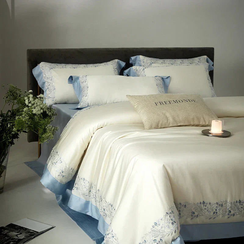 Decobites Silky Eucalyptus Cotton Embroidery Bedding Set with Duvet Cover, Sheet, Pillowcases