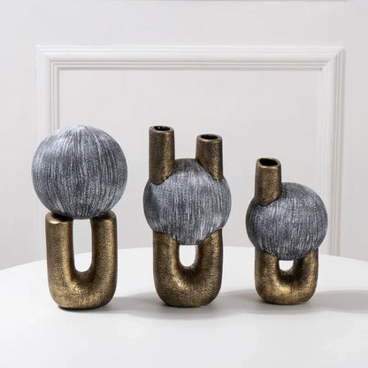 DecorBites™ Golden Stripe Geometric Ceramic Vase - Abstract Floral Arrangement Home Decor