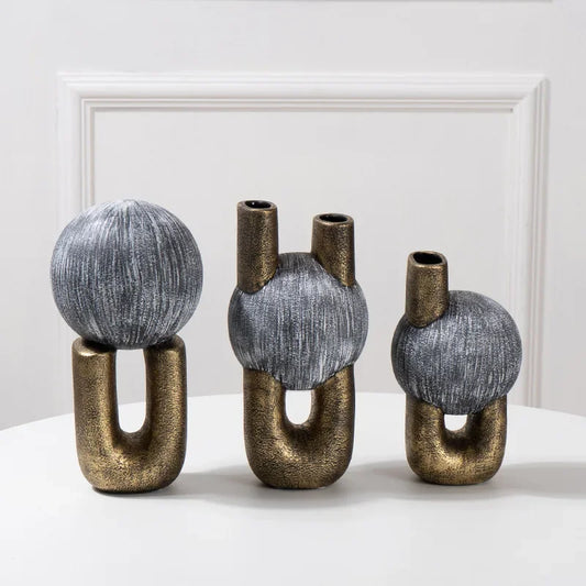 DecorBites™ Golden Stripe Geometric Ceramic Vase - Abstract Floral Arrangement Home Decor