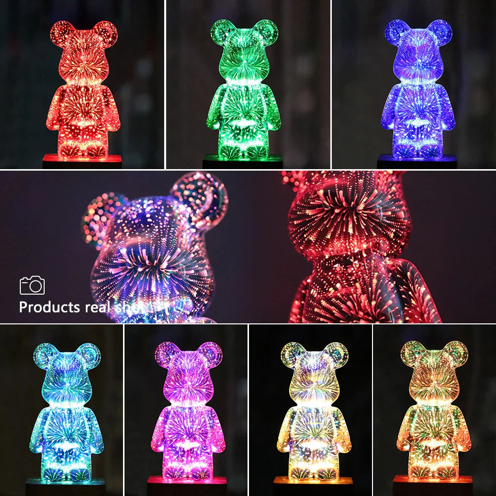 Lámpara de noche DecorBites™ Oso de fuegos artificiales 3D - Lámpara LED con cambio de color para dormitorio y regalo infantil