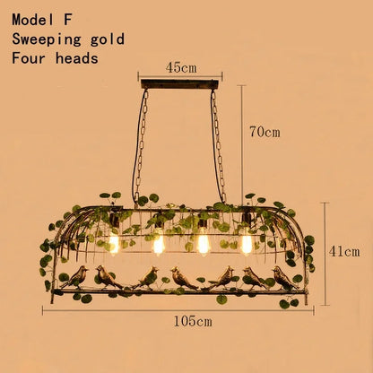 Lámpara de araña DecorBites™ con forma de jaula de pájaro de hierro, decoración de hojas verdes y luces LED