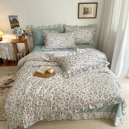 Decobites Floral Lace Ruffle Bedding Set, Fresh Flower Single Duvet Cover, 100% Cotton