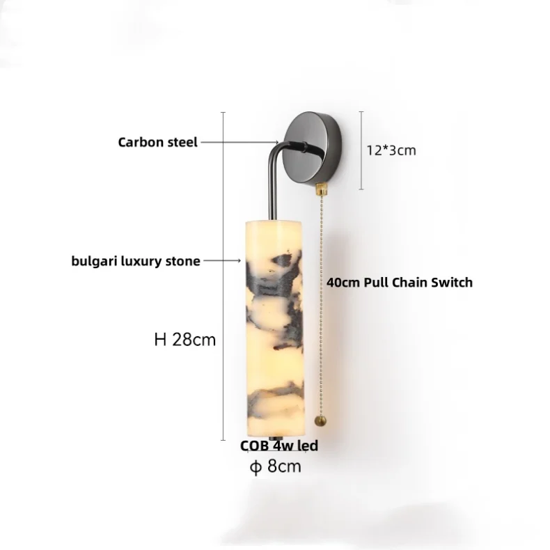 DecorBites™ Carbon Steel LED Wall Lamp with Pull Chain Switch & Marble Stone Fixtures