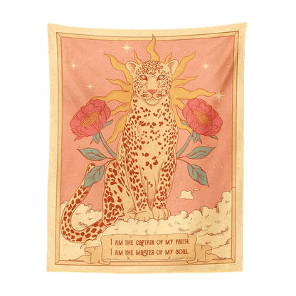 Bohemian Sun Tapestry Wall Hanging by Decobites - Tiger Floral Tarot Moon Aesthetic