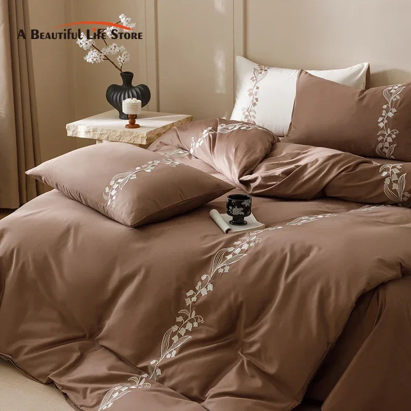 Decobites Elegant Lily of the Valley Embroidery Brown Cotton Bedding Set