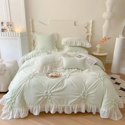 DecorBites™ Lace Princess Bedding Set: Romantic Ruffles & Bow Duvet Cover, Sheet, Pillowcases