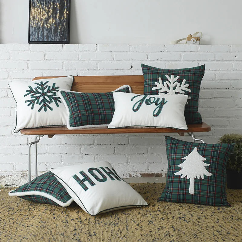DecorBites™ Christmas Plaid Cotton Canvas Cushion Cover with Snowflake Embroidery