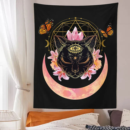 Decobites Cat Witch Moon Star Tapestry Wall Hanging - Trippy Psychedelic Wall Decor