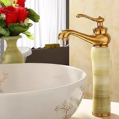 Decorbites™ Grifo de Lavabo de Baño en Oro, Jade y Latón | Montado en Cubierta Mezclador de Agua Caliente y Fría