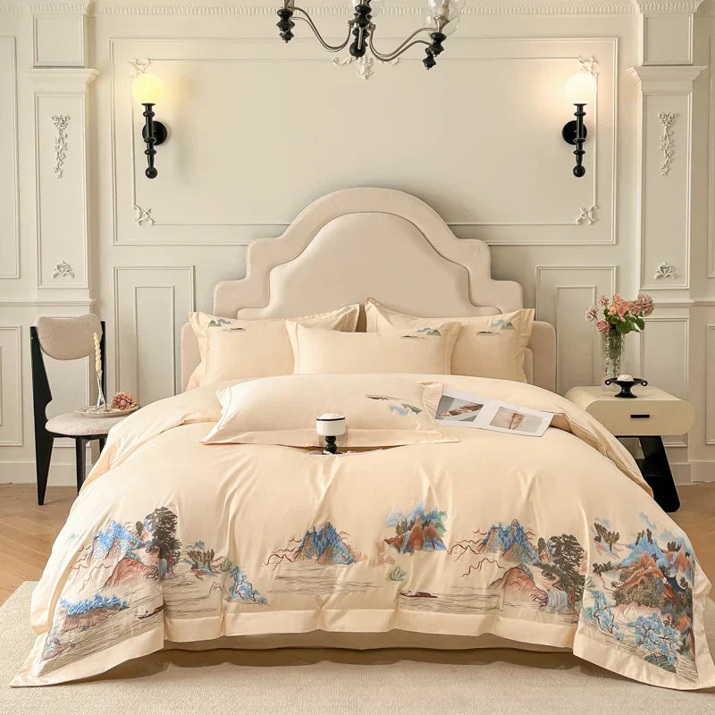 Decobites Mountain River Landscape Embroidery Bedding Set - Duvet Cover, Bed Sheet, Pillowcases