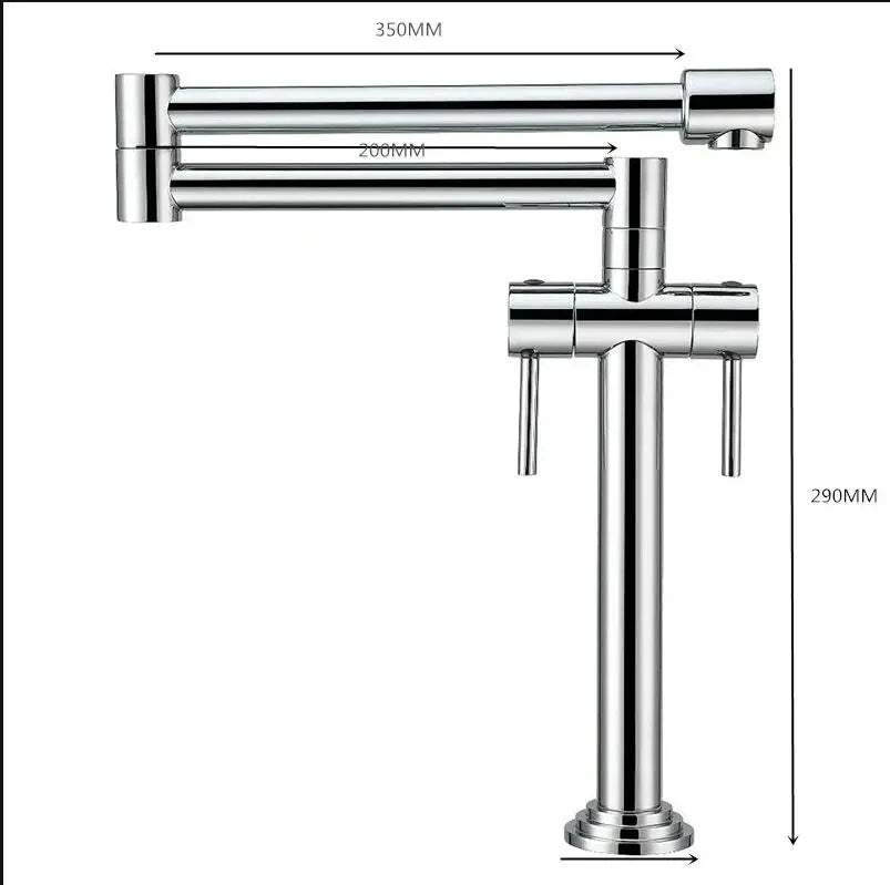 Modern brass single handle kitchen faucet in chrome finish with an extendable spout and sleek dual handles for an articulated mixer tap design.