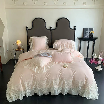 Decobites Romance Lace Ruffles Bedding Set 4Pcs, 200x230cm, Princess Wedding Theme