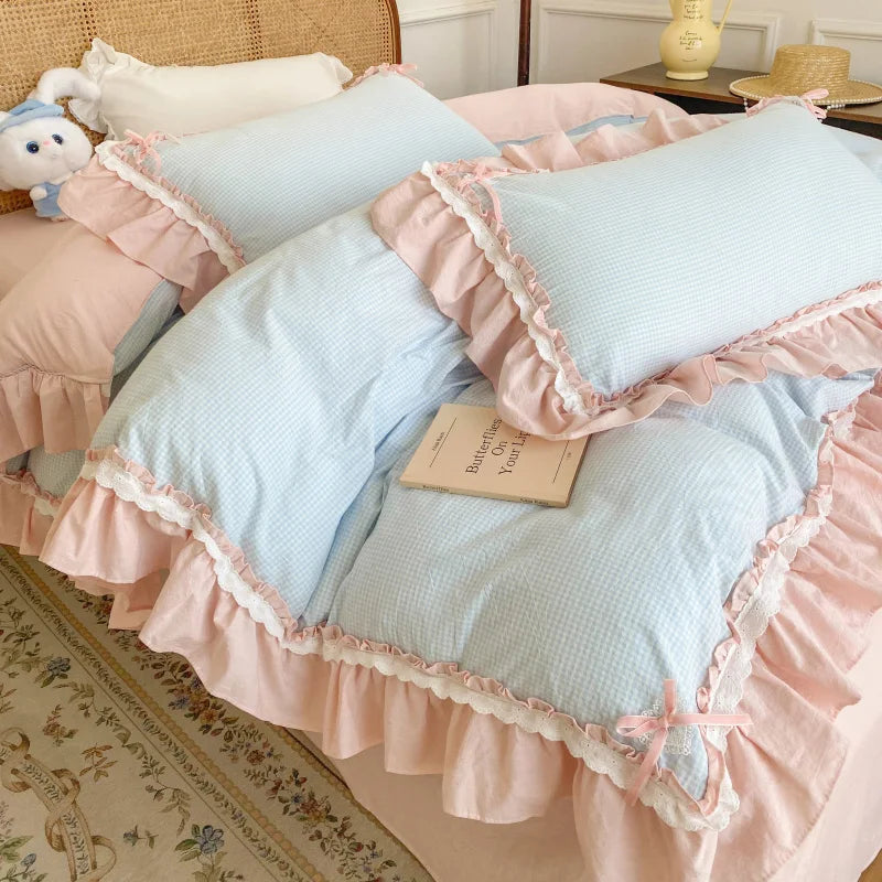 Decobites Blue Pink Lattice Bedding Set: Princess Ruffles Bow, 100% Cotton Quilt Cover, Sheet, Pillowcases