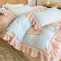 Decobites Blue Pink Lattice Bedding Set: Princess Ruffles Bow, 100% Cotton Quilt Cover, Sheet, Pillowcases