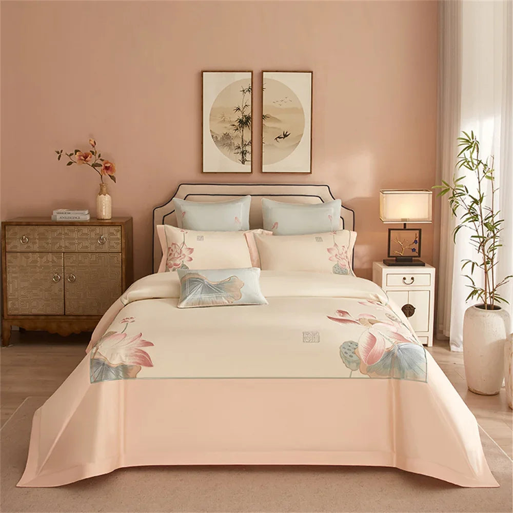 Decobites Pink Satin Jacquard Lotus Duvet Set 4Pcs Queen King Bedlinens