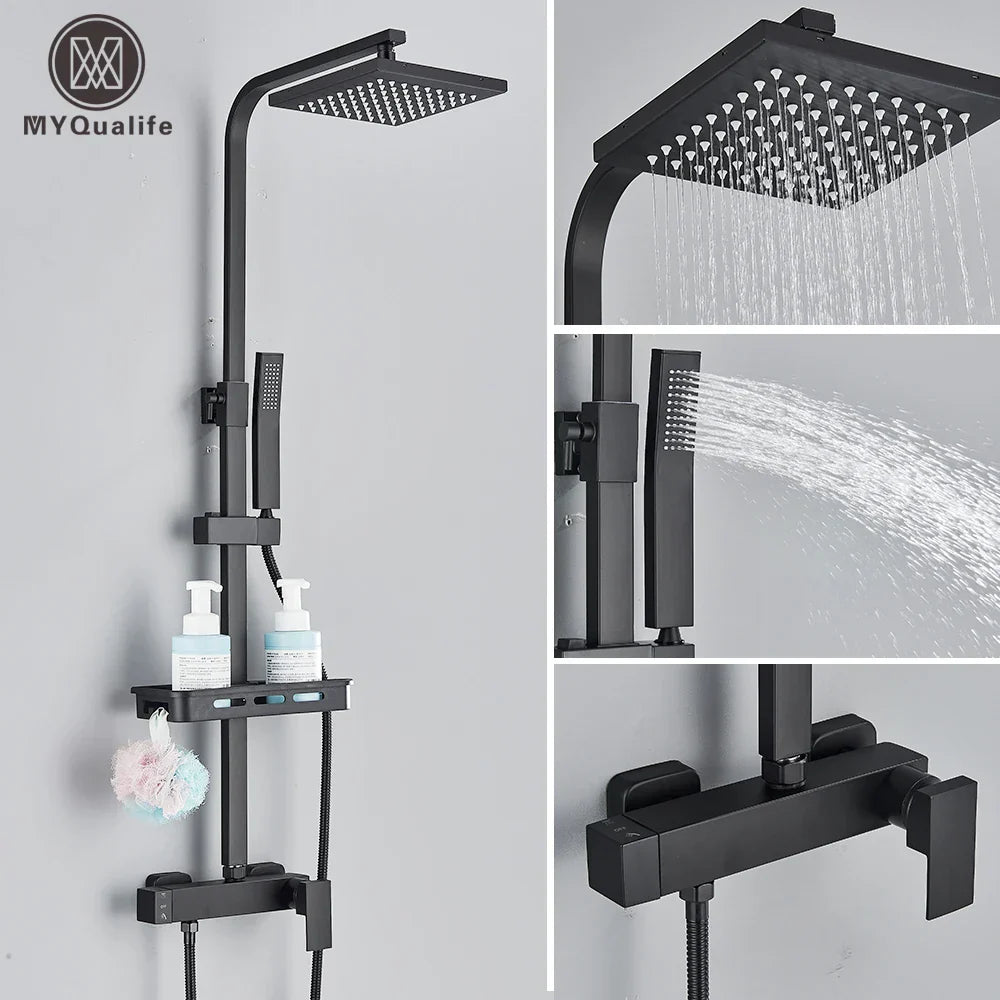 DecorBites™ Black Rainfall Shower Faucet Set with Bathtub Tap and Height Adjust Shower Mixer