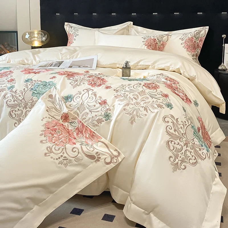 Decobites Luxury Flowers Embroidery Cotton Bedding Set - Queen King Size