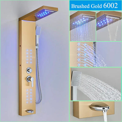 Panel de grifo de ducha DecorBites™ negro con LED, sistema de lluvia tipo cascada y caño de hidromasaje.