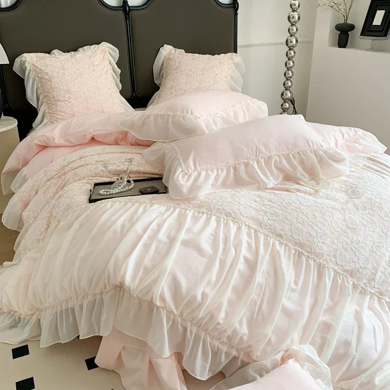 Afralia Pink French Princess Bedding Set, Queen Size, Soft & Cozy with Lace Ruffles