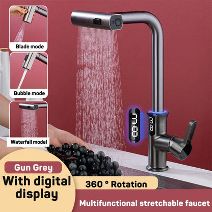 DecorBites™ Digital Display Waterfall Kitchen Sink Faucet with Pull Out Sprayer