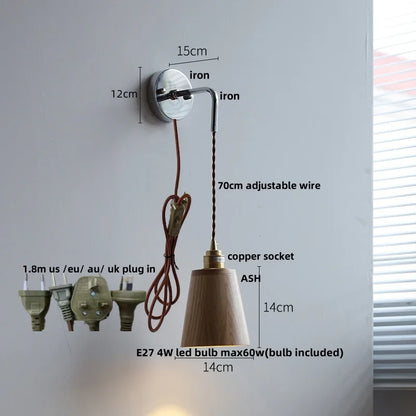 DecorBites™ Ash Wood LED Wall Light with Pull Chain Switch – Japanese Style Bedside Lamp