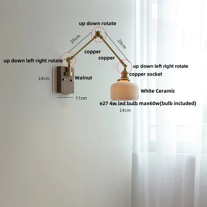 DecorBites™ Ceramic Ball Brass Walnut Wood Wall Light with Pull Chain Switch