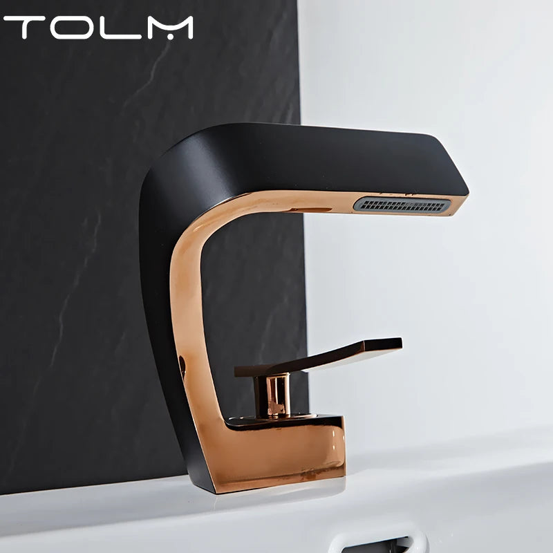 TOLM Brass Black Gold Basin Faucet Bathroom Sink Faucets Hot Cold Water Mixer Crane Deck Mounted Single Handle Hole Bath Kitchen