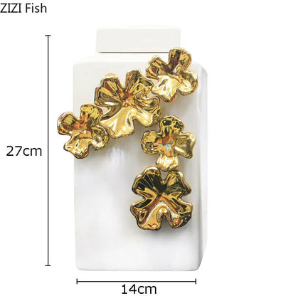 DecorBites™ Golden Flower Relief Ceramic Storage Jar for Desk Decoration and Jewelry Box