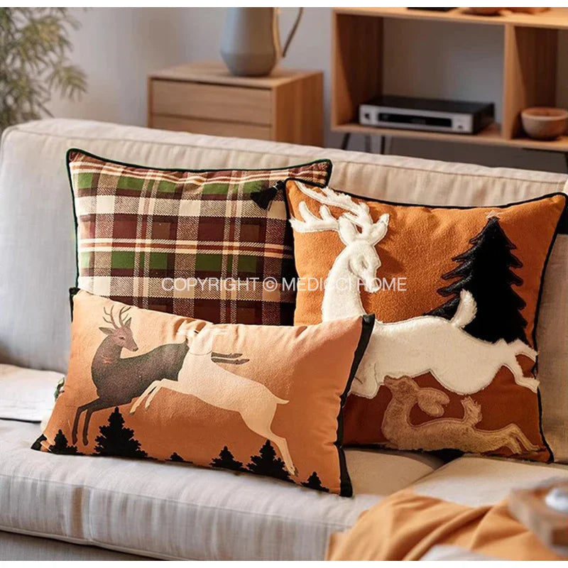 DecorBites™ Handmade Reindeer Applique Embroidery Christmas Cushion Cover - Festive Xmas Holiday Decor