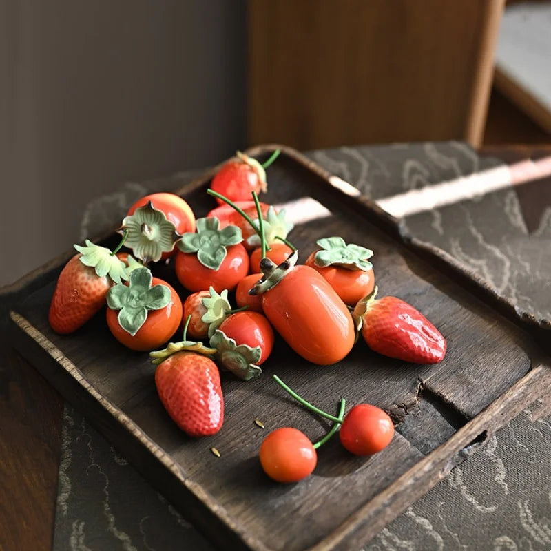 DecorBites™ Adorno Decorativo para el Hogar: Escultura de Frutas, Caja de Té, Fresas y Caquis