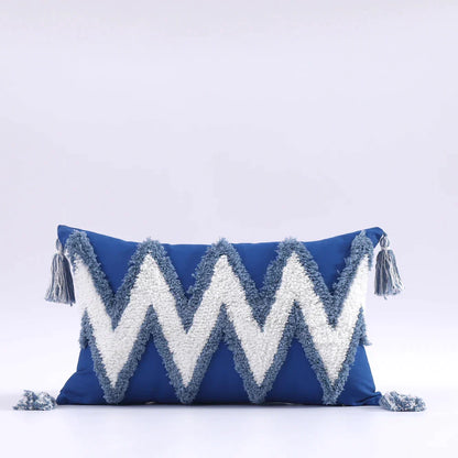 Funda de cojín DecorBites™ Boho con borlas y mechones, 45x45cm - Funda de cojín decorativa de algodón azul y rosa