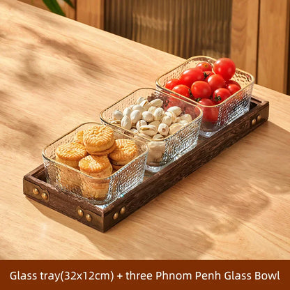 DecorBites™ Glass Wood Tea Table Tray, Rectangular Snack Food Fruit Bowl Serving Tray
