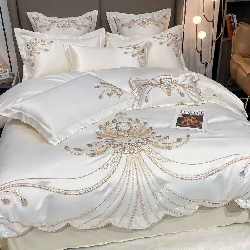 DecorBites™ Gold Feather Embroidery Egyptian Cotton Patchwork Bedding Set
