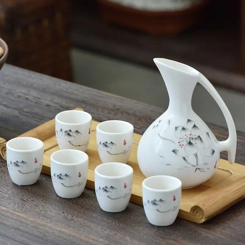 DecorBites™ Ceramic Wine Set Dispenser Antique Pot Liquor Cup Warming Container