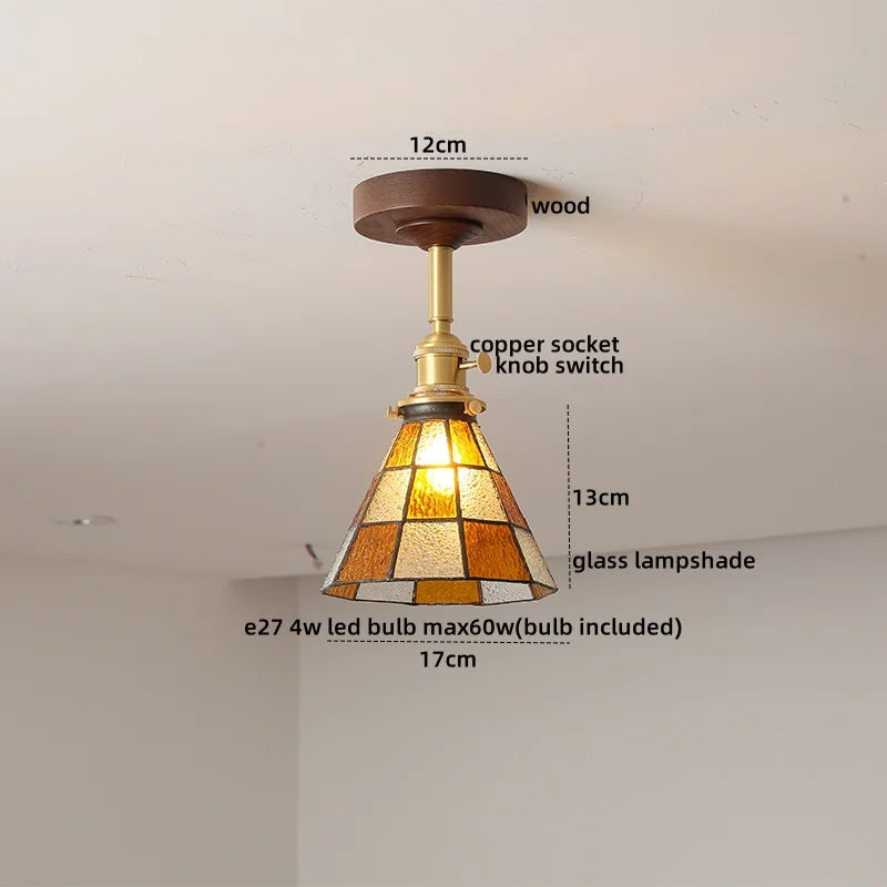 Green Glass Ceiling Lamp Copper Wood Accent