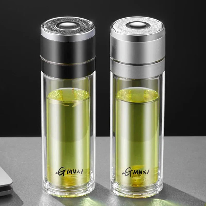 DecorBites™ Insulated Glass Cup: Large Capacity, One-Click Open Lid, Heat-Resistant Double-Layer