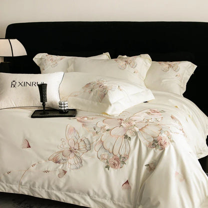 Decobites Luxe Butterfly Flowers Embroidery Bedding Set 800TC Egyptian Cotton Duvet Covers Sheets Pillowcases